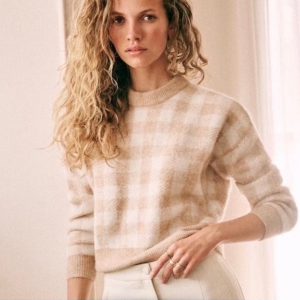 Sezane Becky Sweater Jumper Camel/Ecru Gingham